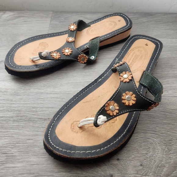 D' Mitzy Shoes - D Mitzy Mexican Artisan Black Leather Floral Thong Sandals Size 7 Lightweight